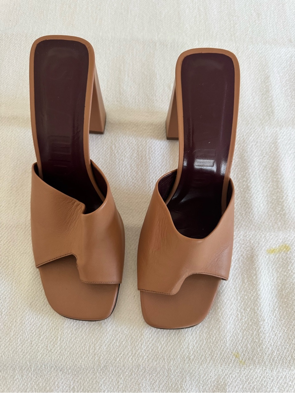 STAUD Tan Leather Open-Toe Block Heel Mules